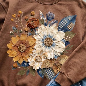 May include: Brown sweatshirt with a floral design. The design features large, textured flowers in shades of yellow, cream, and brown, with blue and green accents. The flowers are arranged in a bouquet style, with a denim patch detail.