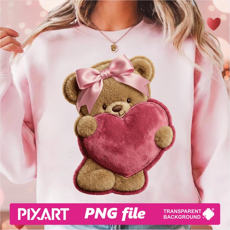May include: Pink sweatshirt featuring a teddy bear holding a heart. The teddy bear has a pink bow and is holding a red heart. The image also includes the text "PIXART PNG file TRANSPARENT BACKGROUND".