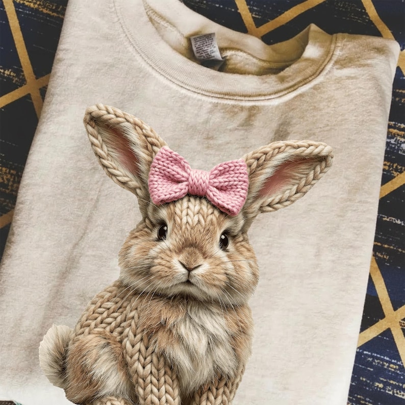 May include: A beige sweatshirt featuring a detailed illustration of a bunny with a pink bow. The bunny has knitted-style fur and long ears with pink inner ears. The sweatshirt is folded on a patterned surface.
