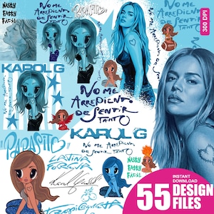 Puede incluir: Un collage digital con retratos de Karol G en tonos azules, ilustraciones estilo chibi y texto escrito a mano que incluye "Nasty Fatty Fácil", "Papasito", "Latina Forever" y "No me arrepiento de sentir tanto" sobre un fondo azul claro.