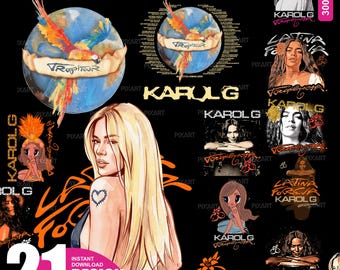 Imágenes prediseñadas de Karol G en formato PNG, álbum de la gira Tropicoqueta, Cricut y sublimación (descarga digital).