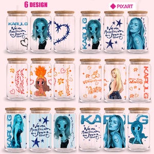 May include: A collection of eighteen clear glass tumblers with bamboo lids, each featuring unique designs inspired by Karol G. The graphics include stylized portraits, cartoon figures, blue stars, barbed wire hearts, and text like No Me Arrepiento De Sentir Tanto.