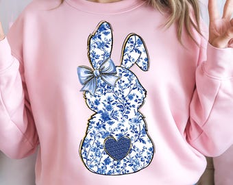 Lapin chinois à fleurs bleues PNG : motif de Pâques scintillant (téléchargement numérique)