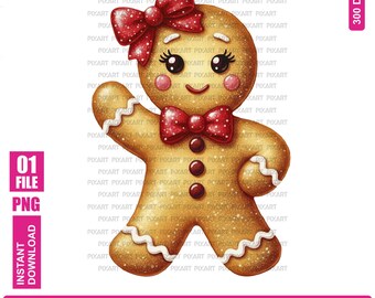 Gingerbread Christmas PNG: Pink Bow Coquette Cookie (Digital Download)