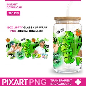 May include: A 16 ounce glass cup wrap featuring a green and white design with a cartoon character and the text "FER XXO". The design includes a straw and a wooden lid.