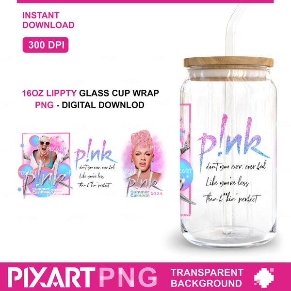 Pink Singer 16oz glass can sublimation png / Bubblegum Pink Summer Carnival 2024 Tour Glass png, Carnival Pink Singer Art Glass Can Wrap