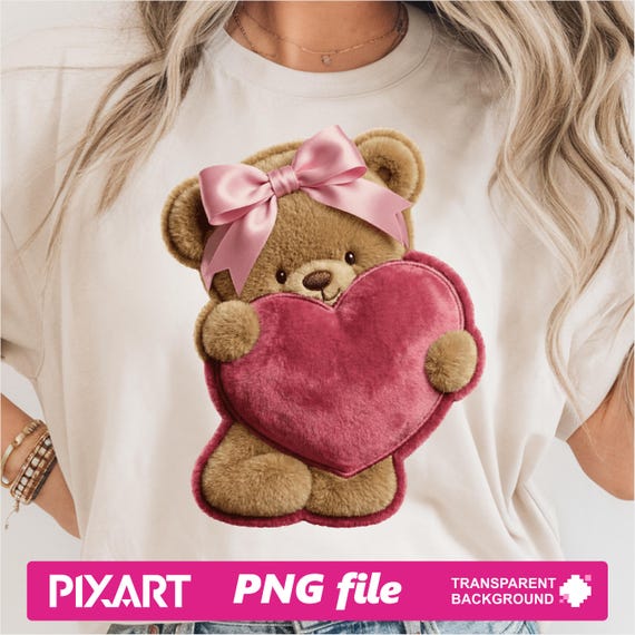 Faux Yarn Valentine's Day Teddy Bear Png, Pink Trendy Valentine day design, Preppy love sublimation, heart Clipart Digital Download