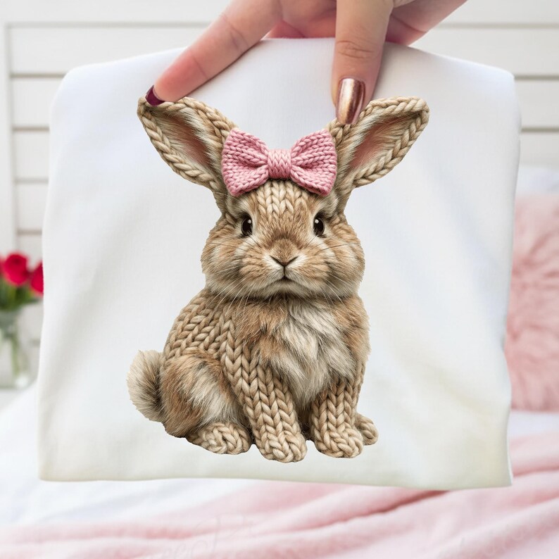 May include: A white pillowcase featuring a detailed illustration of a brown bunny with knitted-style fur and a pink bow. The bunny has long ears and is sitting upright. The design is centered on the pillowcase.