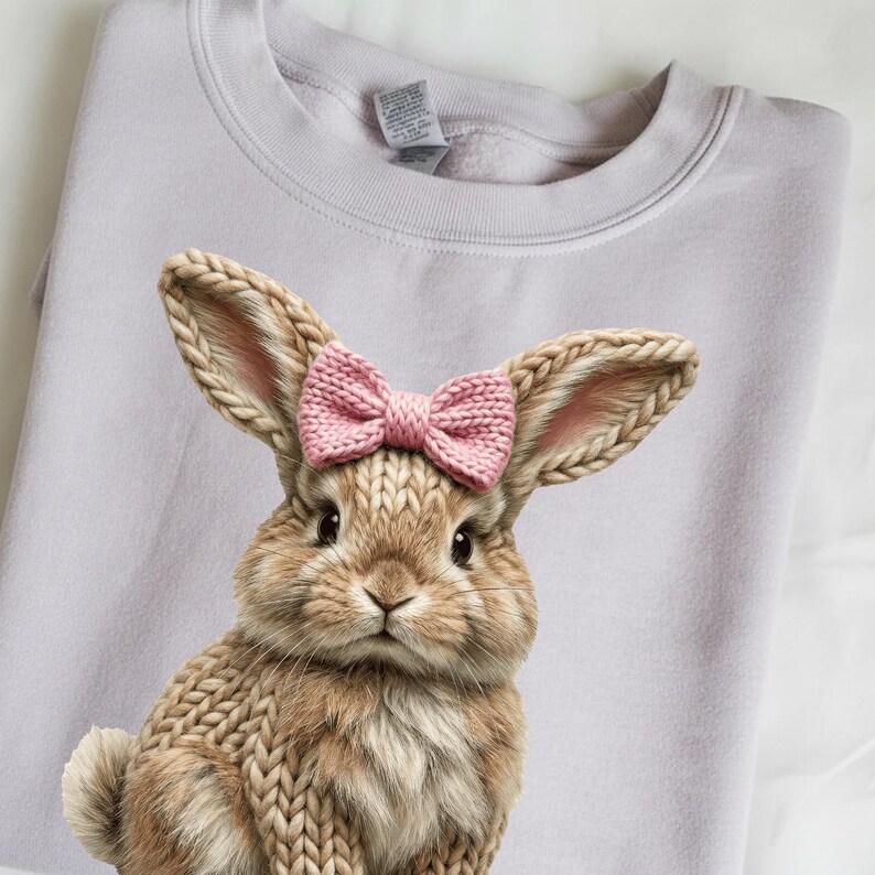 May include: A light purple sweatshirt featuring a detailed illustration of a bunny with knitted-look fur and a pink bow. The bunny has long ears and a fluffy tail, creating a cozy and whimsical design. The sweatshirt is folded neatly.