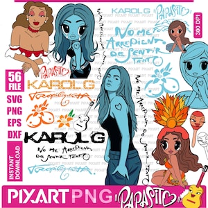 May include: A digital collection of Karol G themed graphics including cartoon characters, guitars, maracas, and text elements like "Papasito," "Tropi-qusta," and "No me arrepiento de sentir tanto" in various fonts, colors, and styles on a white background.
