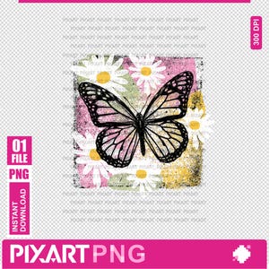 Peut inclure: Un design num&eacute;rique avec un papillon noir et rose aux motifs d'ailes complexes, sur fond de marguerites blanches et d'un carr&eacute; textur&eacute; rose et jaune. Le design comprend le texte "01 FILE PNG" et "INSTANT DOWNLOAD". La banni&egrave;re inf&eacute;rieure indique "PIXART PNG".