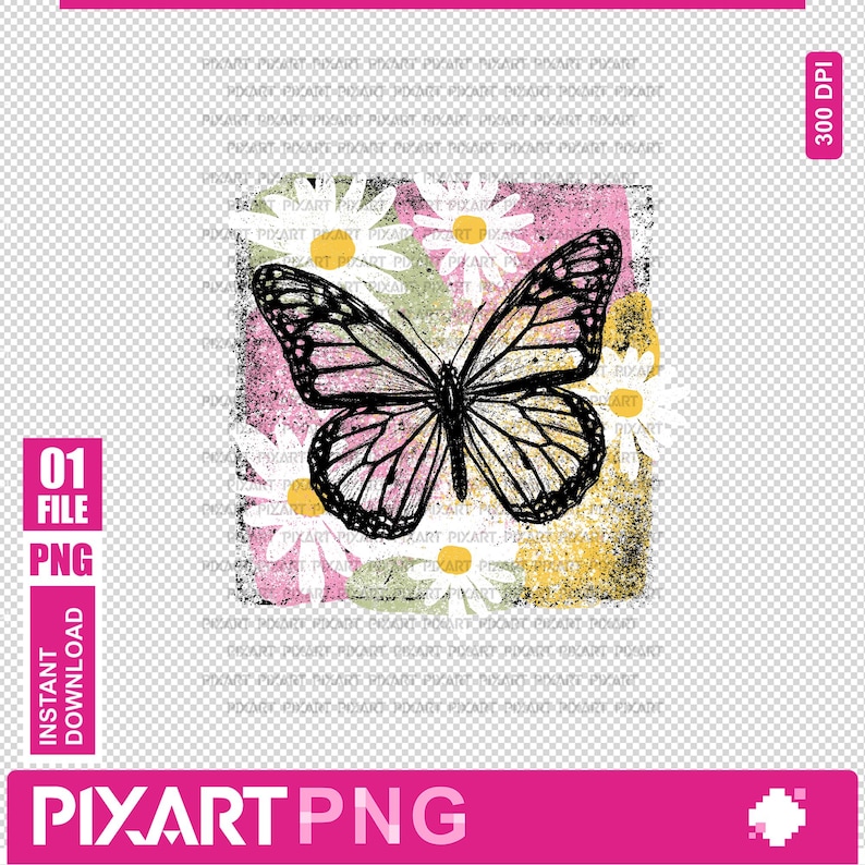 Peut inclure: Un design num&eacute;rique avec un papillon noir et rose aux motifs d'ailes complexes, sur fond de marguerites blanches et d'un carr&eacute; textur&eacute; rose et jaune. Le design comprend le texte "01 FILE PNG" et "INSTANT DOWNLOAD". La banni&egrave;re inf&eacute;rieure indique "PIXART PNG".