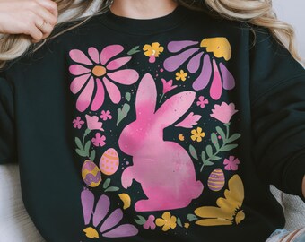 Easter Bunny PNG: Boho Floral, Pastel Pink (Digital Download)