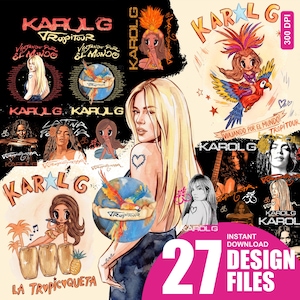 以下が含まれることがあります： Karol Gをテーマにした27種類のデジタルグラフィックデザインファイル。アーティストのイラスト、オウムが乗った地球儀、ヤシの木、ドラム、そしてKarol G、Tropitour、Viajando Por El Mundoなどのテキストが様々なスタイルで描かれています。