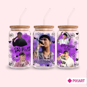 Junior H and Sad Boyz 4 Life 16oz glass can sublimation png / Sad Boyz Tour Glass png, Junior H PNG Art Glass Can Wrap