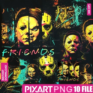 Ensemble de personnages d&#39;horreur rétro PNG, néon Halloween, tueurs de films d&#39;horreur, téléchargement numérique Slasher pour les fichiers Cricut par sublimation