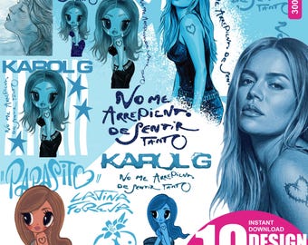 karol g No Me Arrepiento De Sentir Tanto PNG, new Album PNG, blue karol g clipart files, watercolor KG, sublimation, digital download.