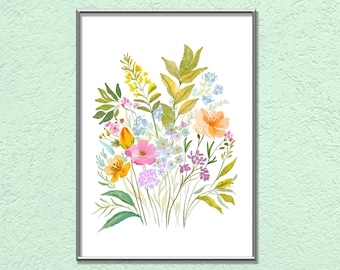 Wildflower Field Wall Art - Printable Floral Wall Decor - Botanical Watercolor Artwork - Bright Wildflower Poster - Digital Art