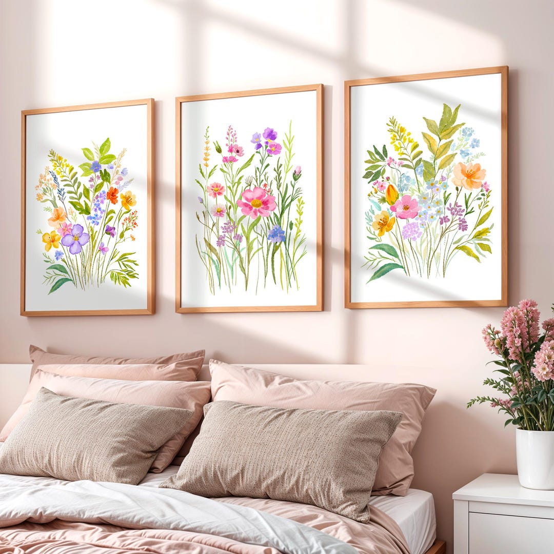 Wildflower Watercolor Print Set of 3, Living Room Floral Wall Decor ...