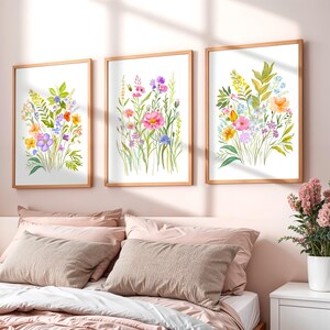 Wildflower Watercolor Print Set Of 3, Living Room Floral Wall Decor, Printable Colorful Poster, Baby Girl Nursery Decor, Digital Download