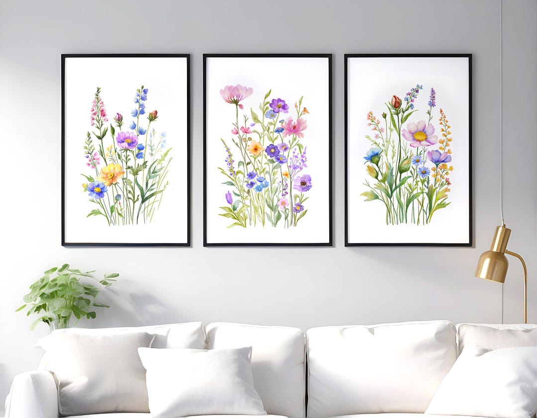 Wildflower Watercolor Print Set of 3, Living Room Floral Wall Decor ...