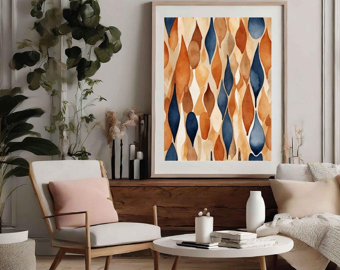 Abstract Watercolor Art Print: Burnt Orange, Beige, and Navy (Digital Download)