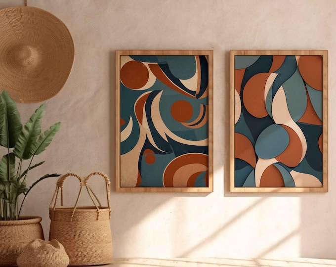 Abstract Boho Prints Set: Blue & Terracotta Mid-Century Modern Art (Digital Download)