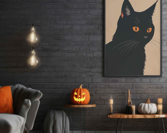 Black Cat Halloween Art Print: Spooky Wall Decor (Digital Download)