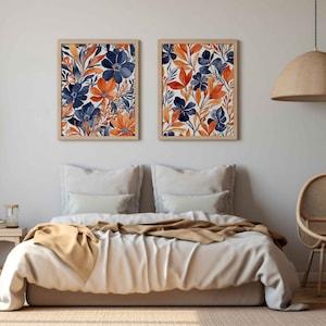 Botanical Indigo Blue Orange Wall Art Set Of 2 Flowers Watercolor Wall Decor Floral Modern Minimal Wall Art Blue Flower Living Room Decor