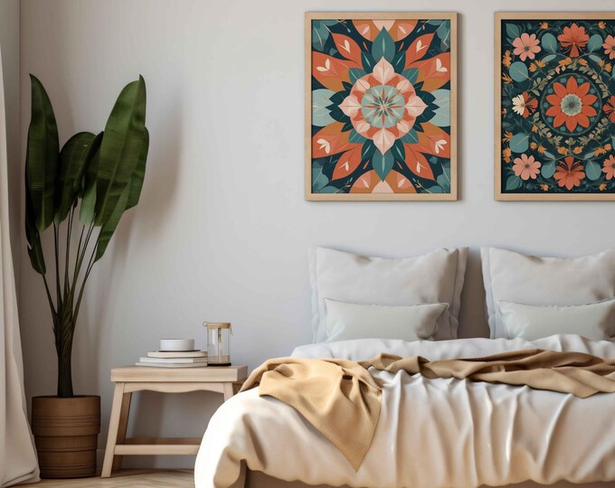 Boho Floral Mandala Wall Art Set | Teal and Terracotta Geometric Prints | Modern Botanical Abstract Digital Download Decor