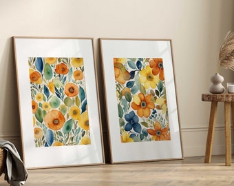 Boho Floral Wall Art Set: Orange & Green Botanical Prints (Digital Download)