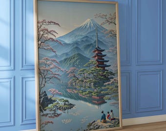 Mount Fuji Wall Art: Japanese Pagoda Landscape, Zen Home Decor (Digital Download)
