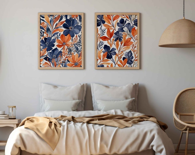Indigo Blue Floral Watercolor Art Prints: Modern Botanical Set (Digital Download)