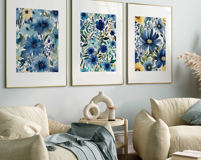 Blue Green Botanical Wall Art Set of 3 Prints: Watercolor Flowers (Digital Download)