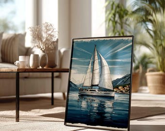 Vintage Sailboat Watercolor Art Print: Coastal Beach House Decor (Digital Download)
