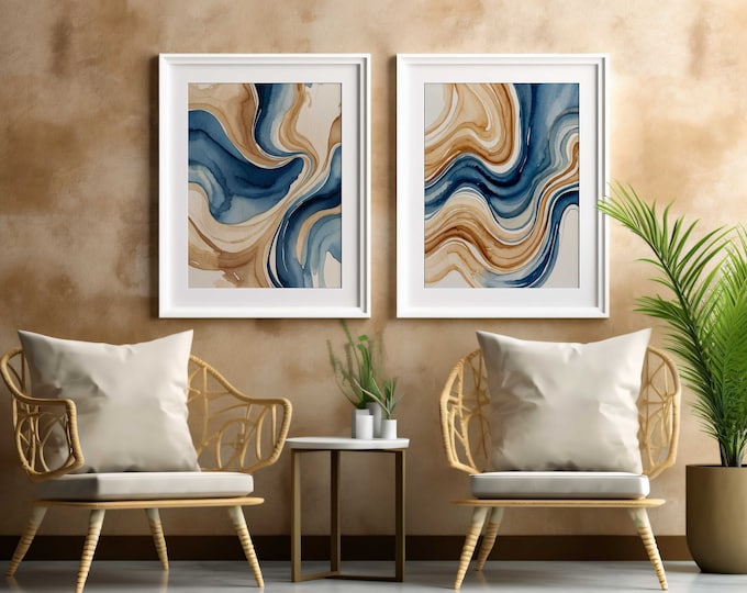 Boho Abstract Watercolor Art Prints: Blue Beige Set (Digital Download)