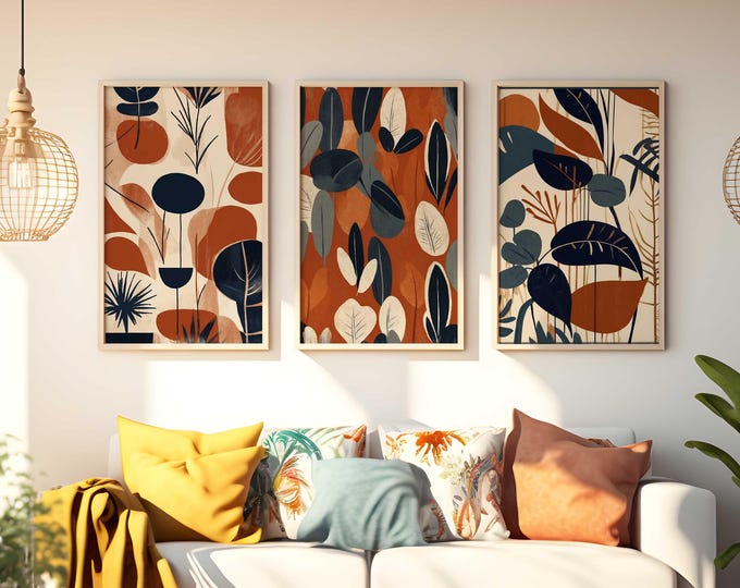 Burnt Orange & Navy Botanical Prints: Set of 3 (Digital Download)