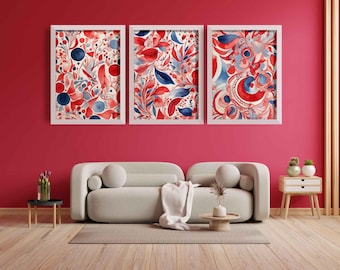 Red and Blue Floral Art Prints: Patriotic Boho Decor (Digital Download)