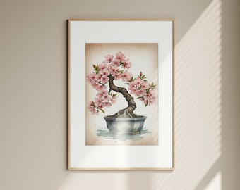 Sakura Bonsai Tree Watercolor Print: Japanese Floral Wall Art (Digital Download)
