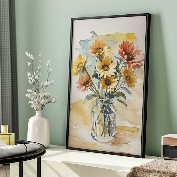 Daisy Watercolor Wall Art Daisy Printable Botanical Daisy Watercolor Wall Decor Vintage Daisy Floral Painting Wildflowers Print Landscape
