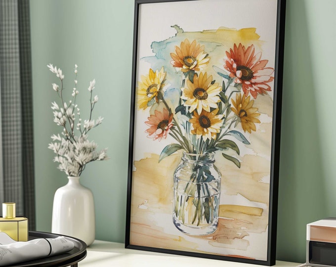 Sunflower Watercolor Print: Floral Bouquet in Jar (Digital Download)