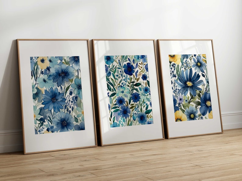 Blue Green Botanical Wall Art Set of 3 Prints: Watercolor Flowers ...