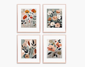 May include: Set of four framed abstract floral prints with a muted colour palette of peach, orange, blue, and green. The prints feature stylised flowers and leaves.