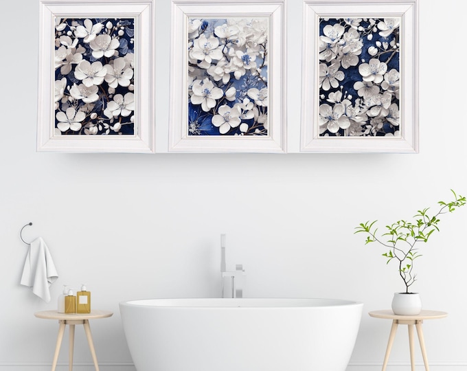 Japanese Cherry Blossom Print: Blue White Sakura Floral Art (Digital Download)