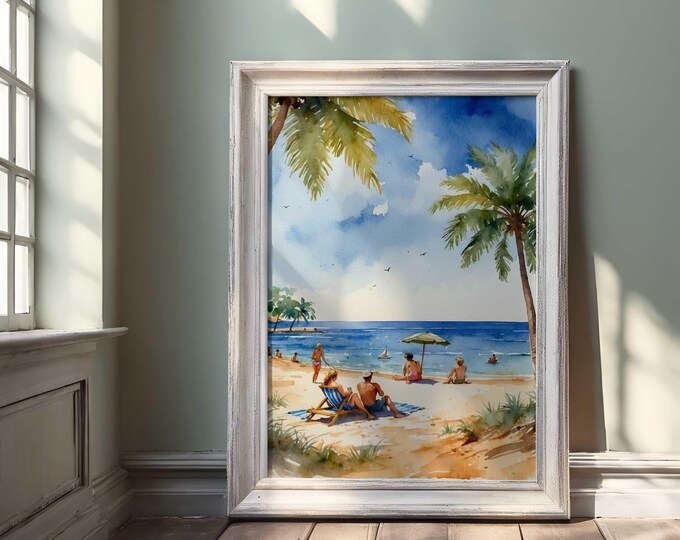 Tropical Beach Watercolor Print – Coastal Wall Art for Home Decor