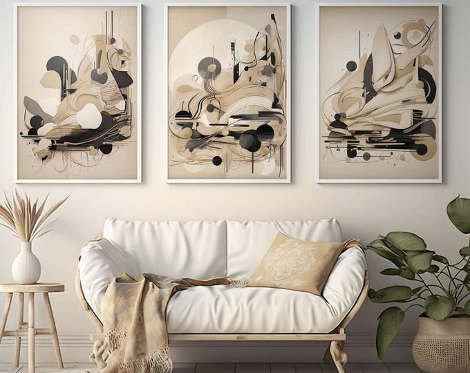 Beige Black Abstract Line Art Prints: Mid Century Modern Set of 3 (Digital Download)