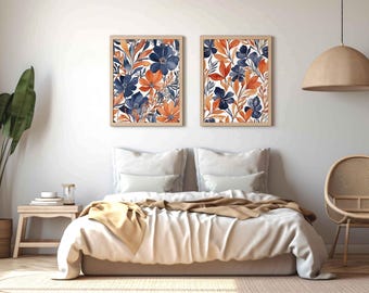 Marineblauwe terracotta botanische muurkunst set moderne bloemen muurdecoratie