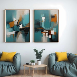 Teal Abstract Wall Art Prints Set of 2 | Modern Minimalist Decor for Home & Office | Contemporary Printable Artwork | Digital Download