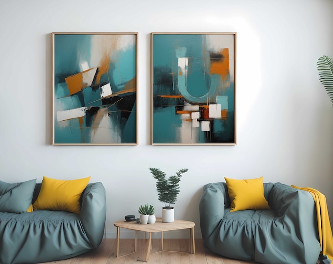 Teal Abstract Art Prints: Modern Minimalist Set of 2 (Digital Download)