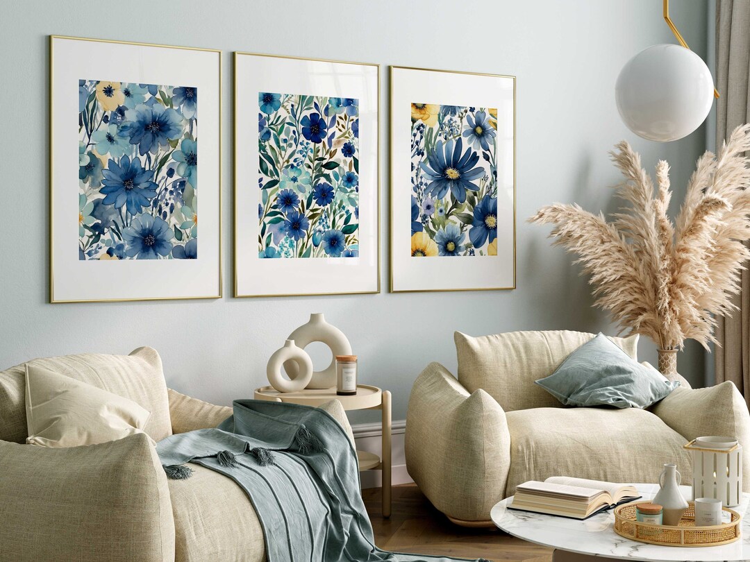 Blue Green Botanical Wall Art Set of 3 Prints: Watercolor Flowers ...